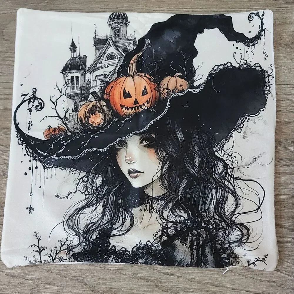 Halloween Gothic Witch Throw Pillow Covers Hat w/Pumpkins Zip Closure Set Of 2